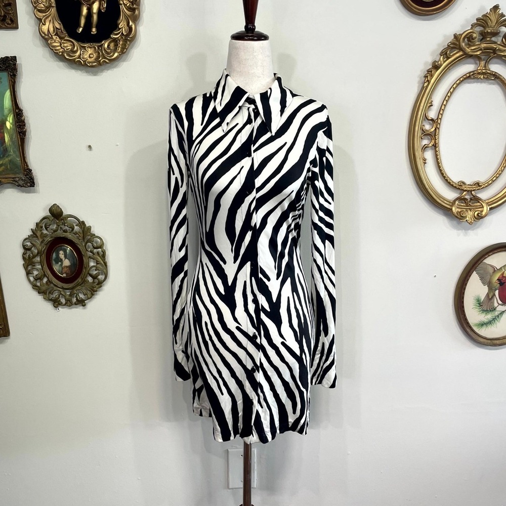 The Attico Zebra Print Long Sleeve Mini Shirt Dress 38